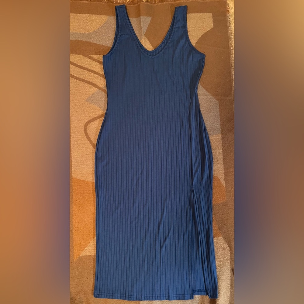 EUC Blue vertical line textured pattern long dress with slit, L